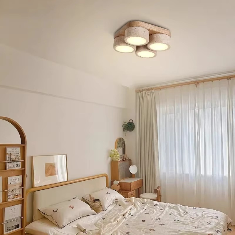 HomeLover Retro Quadratische LED Deckenleuchte aus Massivholz und Travertin Naturstein in Beige und Braun - Bild 2