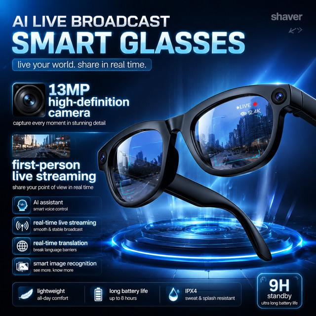 GUHUAVMI KI-Smart-Brille mit 1300W Pixel-Kamera, 32GB Speicher und Echtzeit-Übersetzung, Schwarz/Transparent - Bild 1