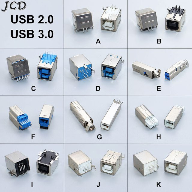 JCD 5 Stück USB Schnittstelle Set mit USB 2.0 Buchse und USB 3.0 Stecker Typ 90 Grad und 180 Grad in Silber zum Löten für PCB und Drucker - Bild 1