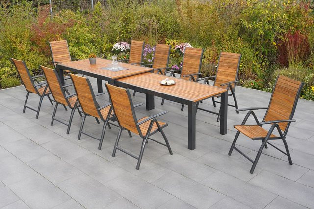 MERXX Gartenmöbelset Santorin 12-tlg. aus Aluminium und Akazie in Braun mit Flex-Ausziehtisch - Bild 1