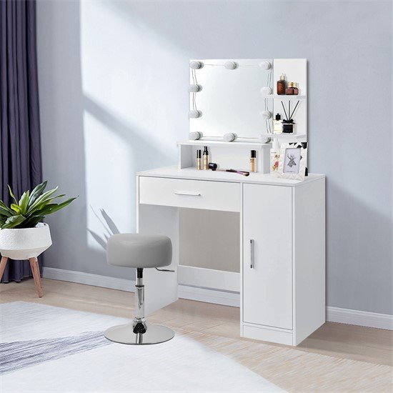 Schminktisch ML-Design in Weiß mit LED-Beleuchtung, Spiegel, Schublade, Schrank und 3 Ablagen, B/T/H: 90 x 38 x 137 cm - Bild 1