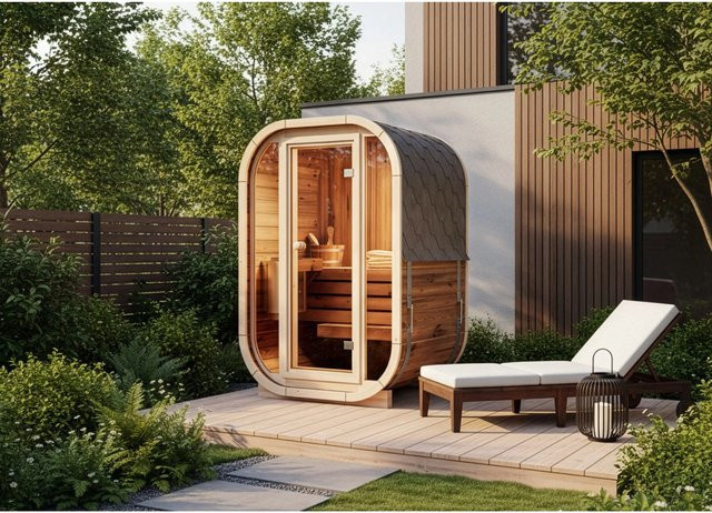 FinnTherm Fasssauna Ellipso S in Schwarz und Braun aus Holz, B/T/H: 189,0 x 136,0 x 119,0 cm - Bild 1