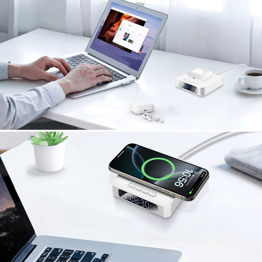 PDKUAI 3-in-1 Kabelloses Ladegerät mit Digitalem Wecker, 15W Tragbares Ladestation für iPhone und Samsung, Schwarz - Bild 3