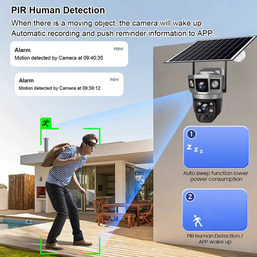 V380 WiFi IP Kamera mit Solar Panel und Dual Objektiv, 12MP Wasserdichte CCTV Sicherheitskamera mit PIR Bewegungserkennung - Bild 3