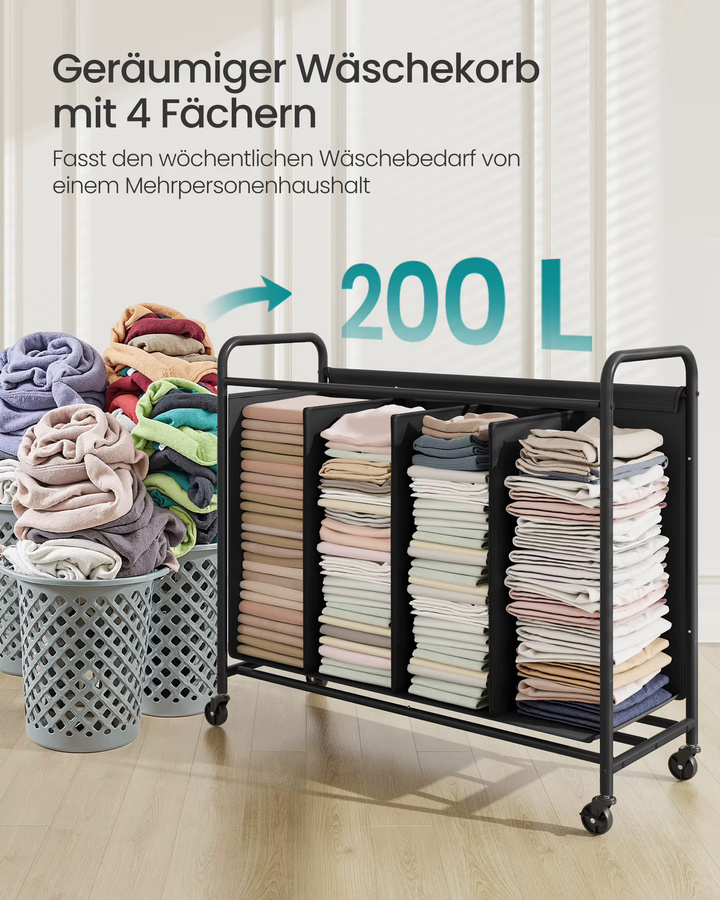SONGMICS Wäschesammler mit 4 Fächern und Rollen, 200L Wäschewagen aus Stoff, schwarz - Bild 3