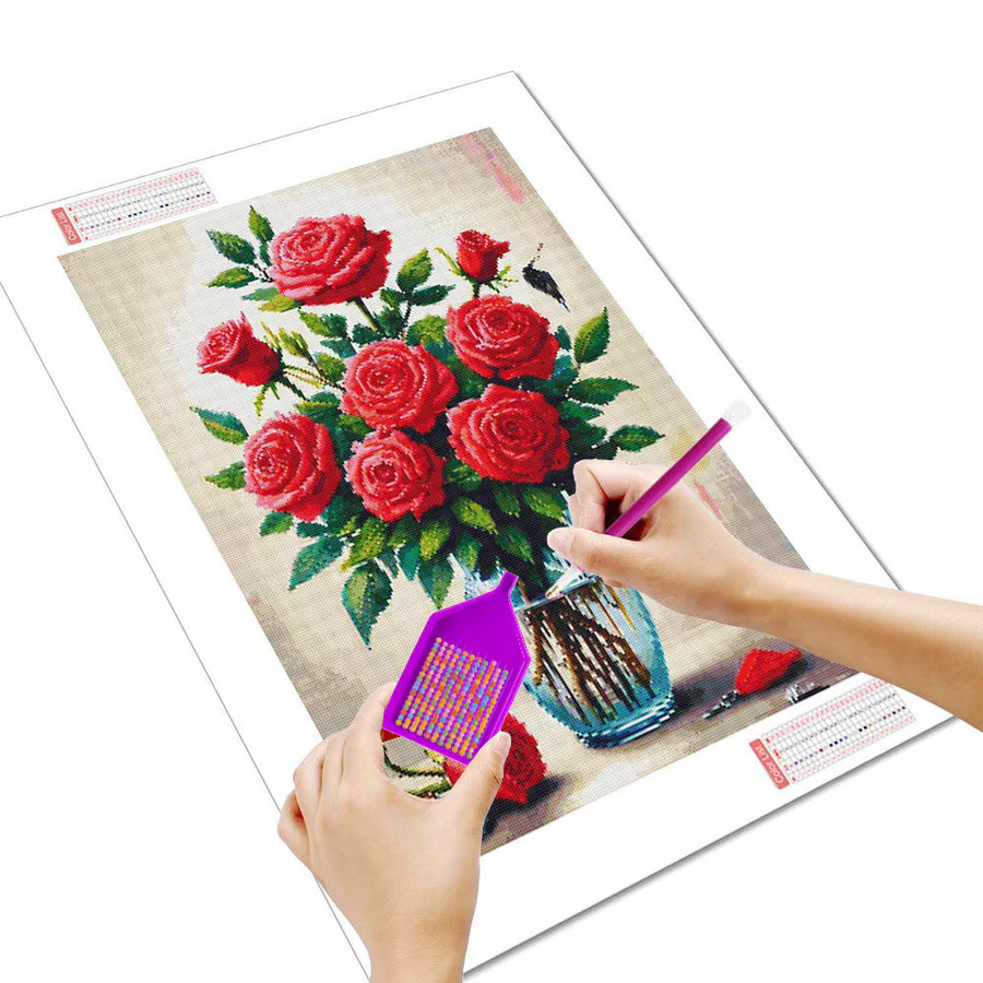 HUACAN Diamantmalerei Set Elegante Blumenvase mit roten Rosen, 5D Diamant Stickerei DIY Kunst Set, B/H: 20 x 30 cm - Bild 2