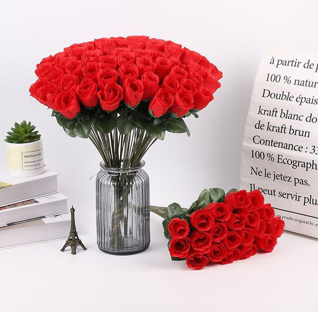 10 Stück rote Seidenrosen als künstliche Blumen für Brautstrauß, Tischdekoration und DIY-Geschenke aus Polyester - Bild 1