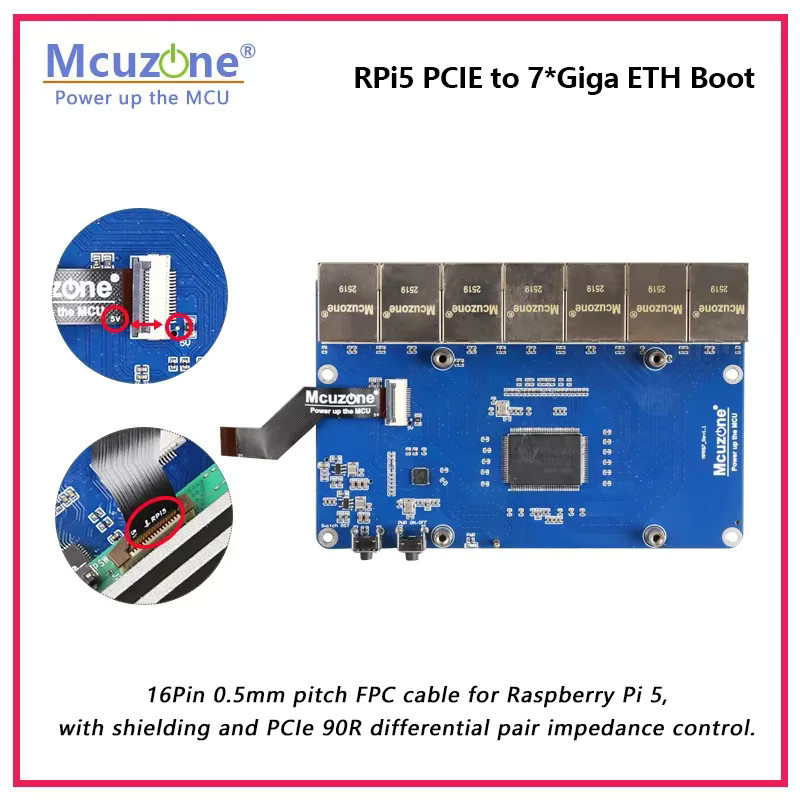 MiiBestOD MPRG7 Raspberry Pi 5 PCIe zu 7x Giga Ethernet Board für Router, unterstützt Ubuntu, RPi OS und OpenWRT, Blau - Bild 3