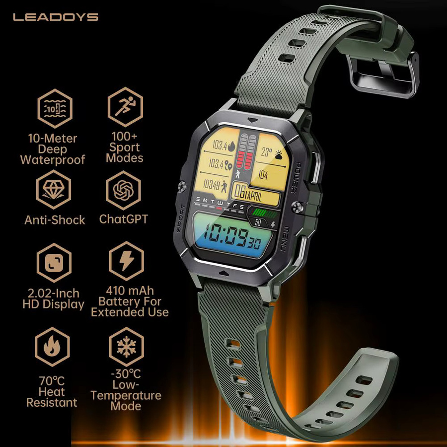 LEADOYS C28 Smartwatch mit AI-Sprachsteuerung, Herzfrequenzmessung und Schlafüberwachung, 2,02 Zoll HD Touchscreen, Farbe: Grün - Bild 4