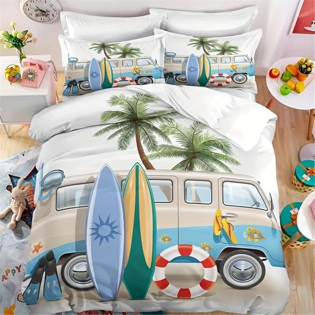 JMG Household Supplies Bettwäsche-Set mit Surfbrett und Palmen-Motiv in Grau, 2-teilig oder 3-teilig, B/H: 160 x 220 cm oder 200 x 220 cm - Bild 1