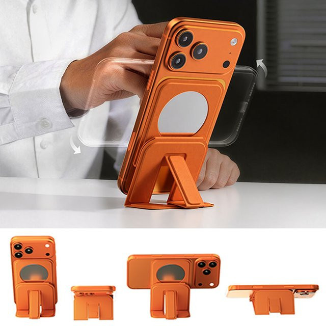 Multifunktionaler magnetischer Telefonhalter aus Leder mit Klappspiegel und MagSafe-Kompatibilität in Braun und Orange - Bild 1