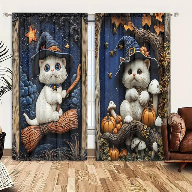 2er-Set Halloween Vorhang mit Katze, Hexe, Besen und Kürbis Motiv in Grau, B: 52,5 cm, H: 116 cm - Bild 1