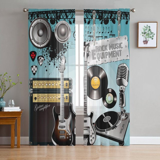 Transparente Rockmusik Vorhänge mit Lautsprecher und Gitarren-Motiv aus Tüll, Voile und Organza, B: 135 cm, H: 115 cm - Bild 1