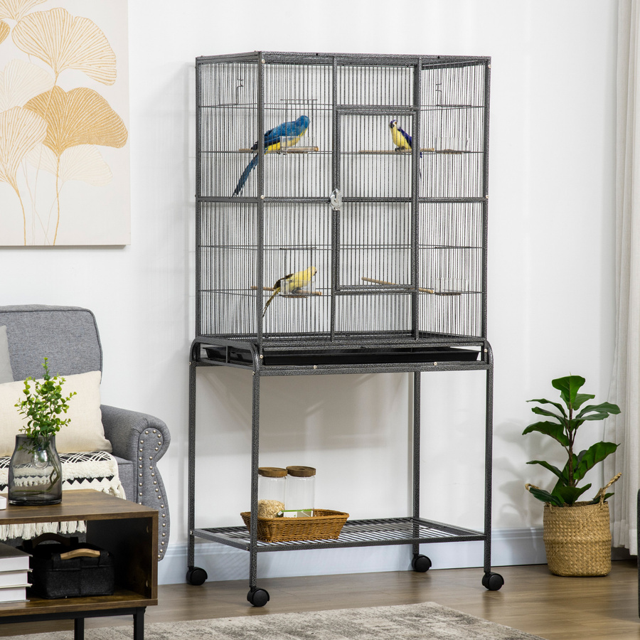 PawHut Vogelkäfig Portable von Aosom mit 4 Futternäpfen und 4 Holzstangen, Schwarz und Grau, H x B x T: 163 x 77 x 47 cm - Bild 2