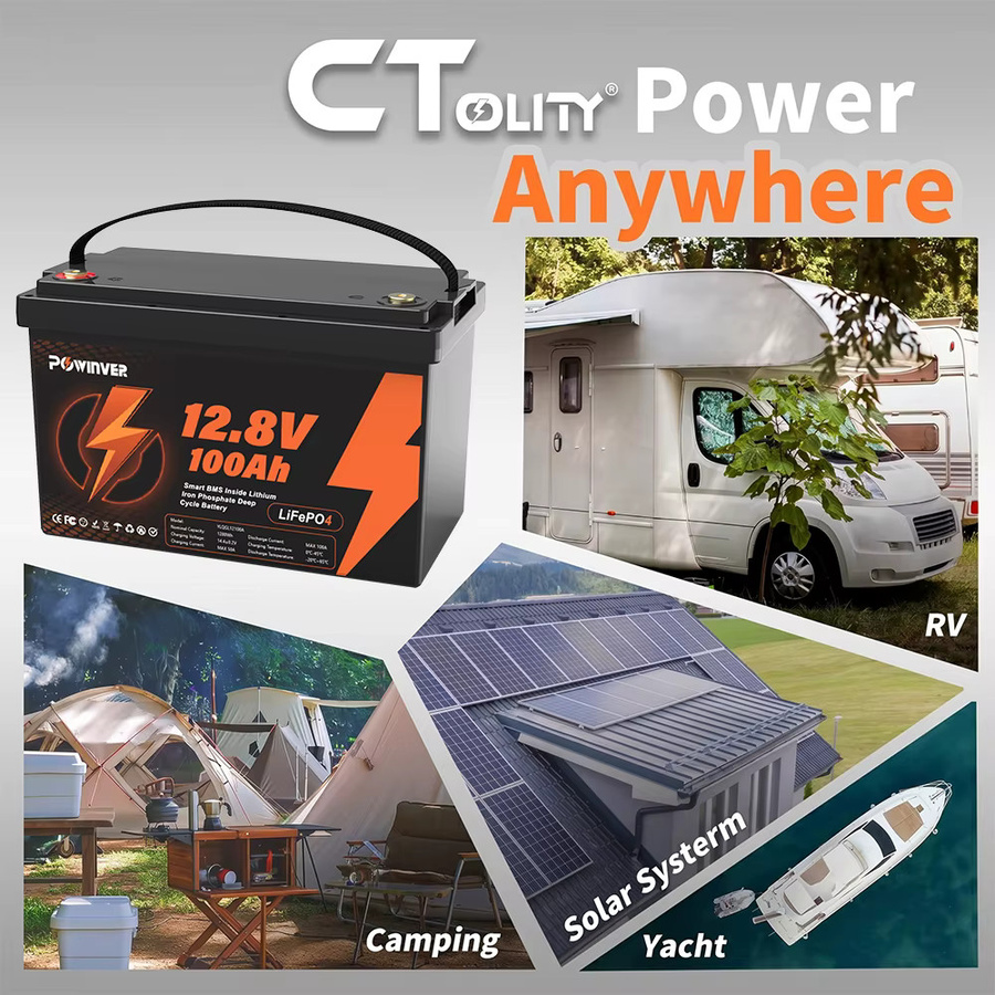 POWINVER 12V 100Ah LiFePO4 Lithium-Batterie mit integriertem BMS in Schwarz für Solar, RV und Marine - Bild 6