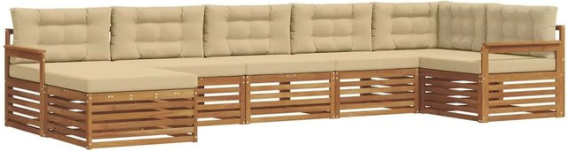 vidaXL Sofagarnitur 7-teilig aus Massivholz Akazie in Natur und Beige mit L-Form und abnehmbaren Polstern - Bild 1