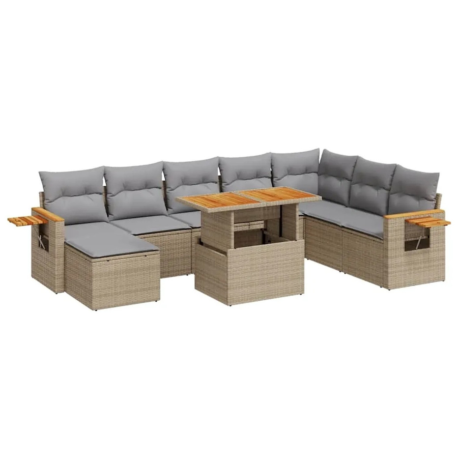 vidaXL 9-teilige Garten-Sofagarnitur aus Poly-Rattan und Akazienholz in Beige-Grau mit Kissen - Bild 2