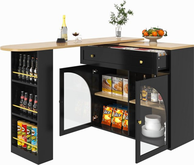 Ausziehbarer Bartisch FC in Schwarz mit Stauraum, 360 Grad drehbare Essbar mit dreistufigem Seitenregal und Sicherheitsglas-Türen, B: 138-204 cm, T: 39 cm, H: 104 cm - Bild 1