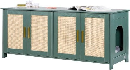 VEVOR Katzenschrank mit 4 Rattantüren und 2 Eingängen in Grün, Katzenklo Schrank aus MDF und Spanplatte, B/T/H: 120 x 45 x 50 cm - Bild 1