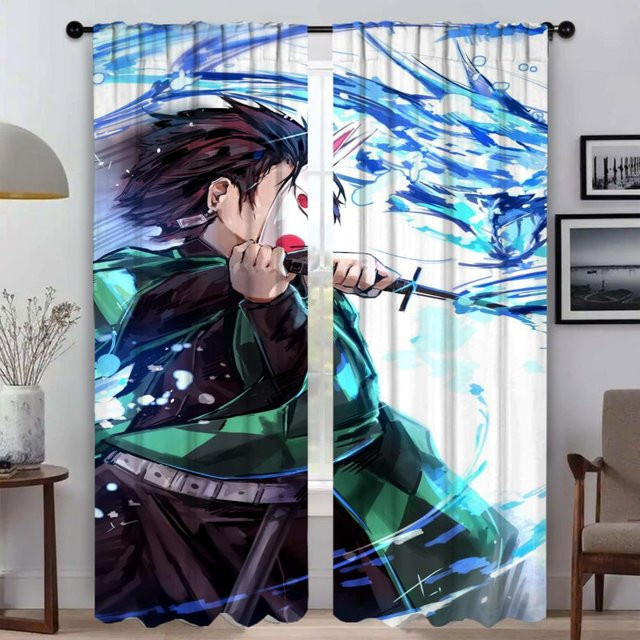 Demon Slayer Tüll-Vorhänge für das Kinderzimmer, 2er-Set, halbtransparent, mehrfarbig, B: 50 cm, H: 70 cm - Bild 1