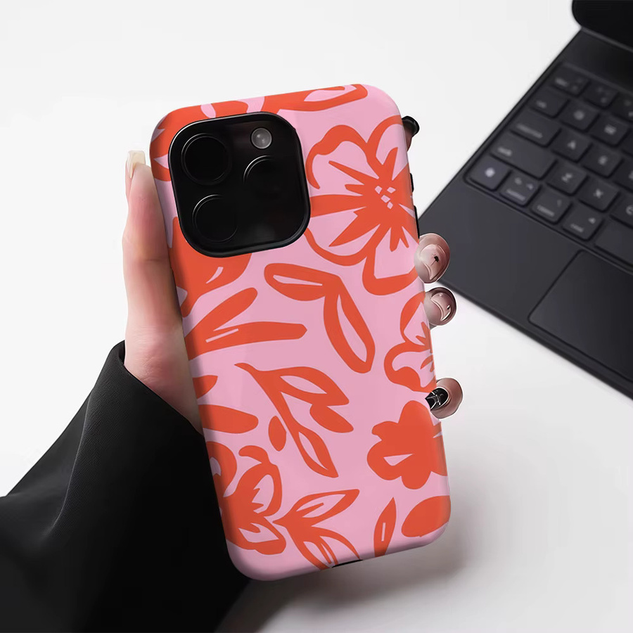 Potdemiel Handyhülle mit Blumenmuster in Rosa und Orange für iPhone 17 16 15 14 13 Pro Max Plus, magnetische robuste Doppel-Schicht-Hülle - Bild 4