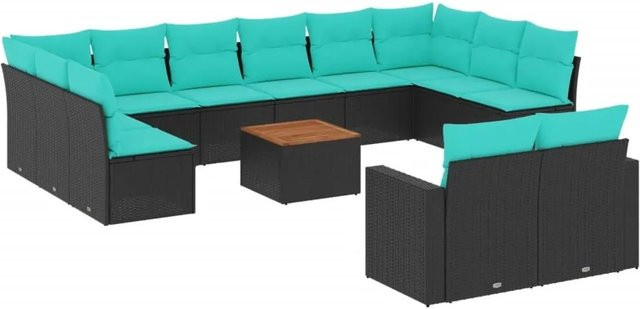 vidaXL 13-teilige Garten-Sofagarnitur aus Poly-Rattan und Akazienholz in Schwarz mit blauen Kissen - Bild 1
