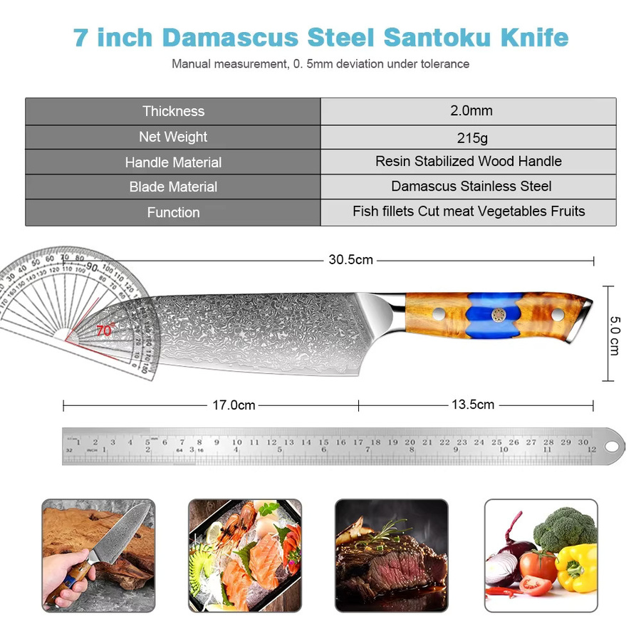 Xituo Santoku Küchenmesser aus Damaststahl mit blauem Kunstharz- und Holzgriff, 17,8 cm - Bild 2