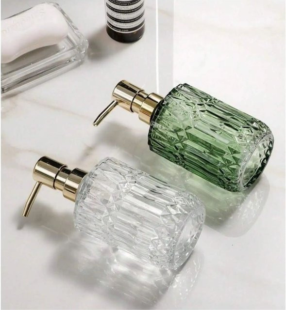 LAOPAO Glasseifenspender mit Pumpe, nachfüllbare Flasche für Flüssigseife oder Duschgel, transparent und grün, 394 ml - Bild 1