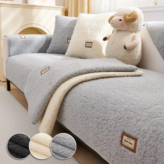 Sherpa Plüsch Sofabezug Anti-Rutsch und Wasserabweisend, Grau, Breite: 160 cm, Tiefe: 90 cm - Bild 1