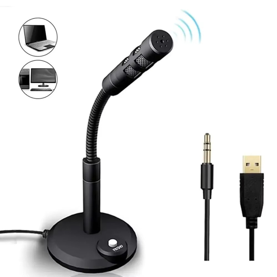 Mini USB-Desktop-Studio-Mikrofon mit 3,5-mm-Klinke und USB-C Anschluss in Schwarz für PC, Notebook, Gaming und Podcast inklusive Ständerhalterung - Bild 1