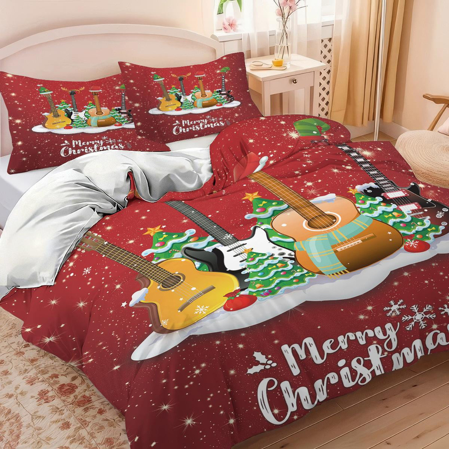 Lodestar 3-teiliges Bettwäscheset mit Weihnachts-Musik-Gitarren-Druck in Rot, B/H: 135 x 200 cm - Bild 4