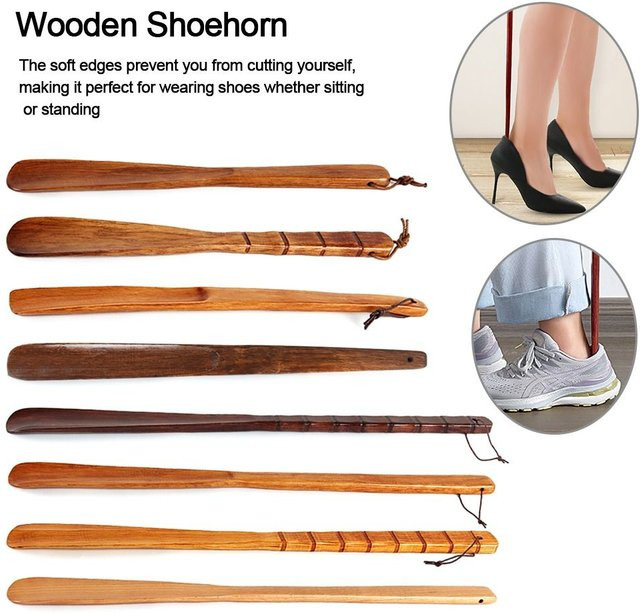 Hängender Schuhlöffel aus Holz mit extra langem Griff in Braun zum einfachen Anziehen von Schuhen - Bild 1