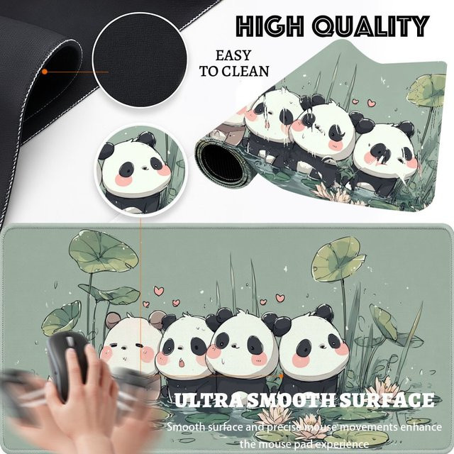 Großes Gaming-Mauspad im Anime-Stil mit Panda-Design und Lotus-Teich, grüne Schreibtischunterlage für Büro und PC-Zubehör - Bild 1