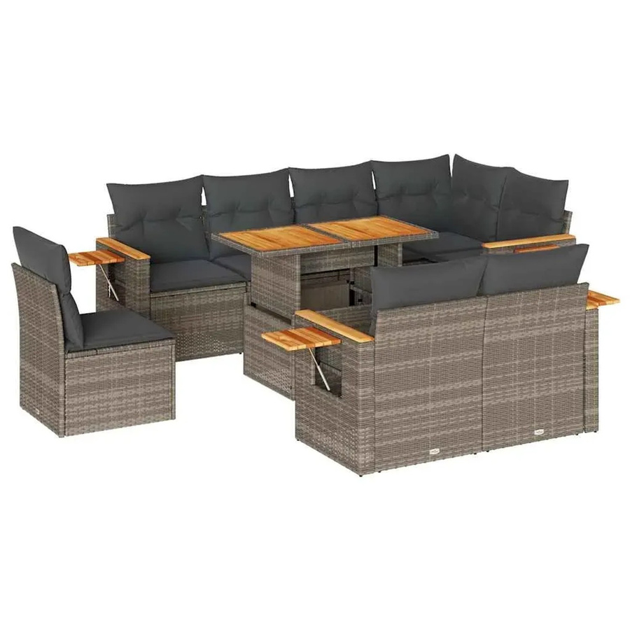 vidaXL 9-tlg. Garten-Sofagarnitur in L-Form aus Poly-Rattan und Akazienholz mit Kissen in Grau - Bild 2