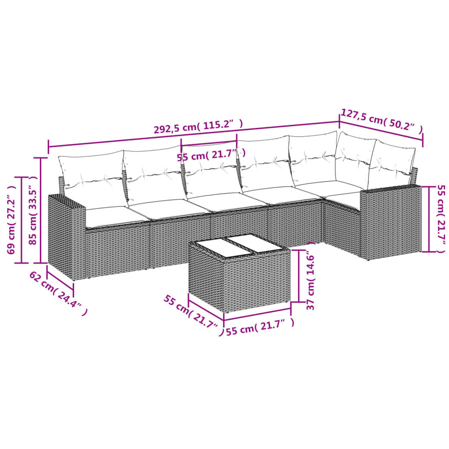 vidaXL 7-teilige Garten-Sitzgruppe in L-Form aus Polyrattan mit Kissen in Braun - Bild 3
