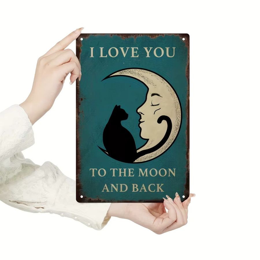 Putuo Decor Vintage Metallschild I Love You to the Moon mit schwarzer Katze und Halbmond in Blaugrün, Wandkunst B: 30,0 cm, H: 20,0 cm, T: 1,0 cm - Bild 2