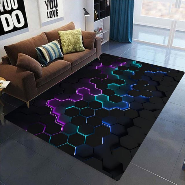 HGHT Geometrischer 3D-Teppich mit Sechseck-Neonlicht-Design, Schwarz, B/T: 80 x 50 cm - Bild 1