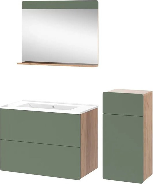 Vicco Badmöbel-Set Izan Goldkraft Eiche und Grün, 4-teilig mit Midischrank und Waschtischunterschrank - Bild 1