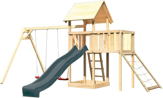 Karibu Spielturm Lotti aus Massivholz in Anthrazit mit Rutsche, Doppelschaukel, Plattform und Rampe - Bild 1