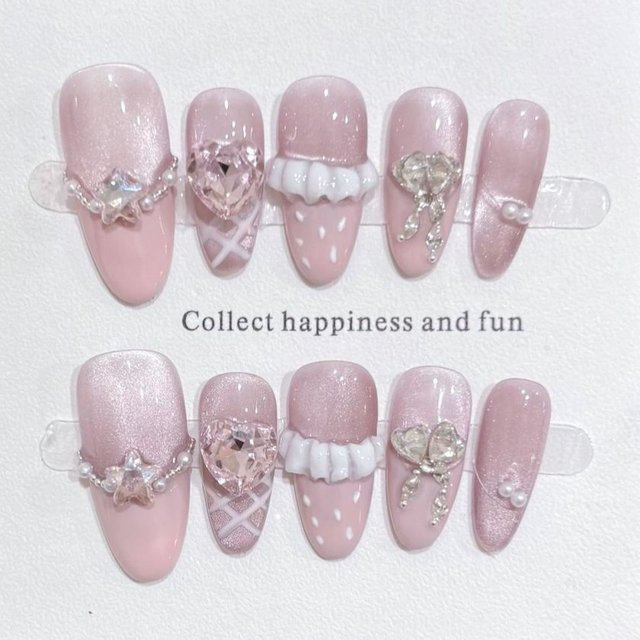 Qsezeny Press-on Nails, rosa, Strass, glänzend, 10 Stück - Bild 1