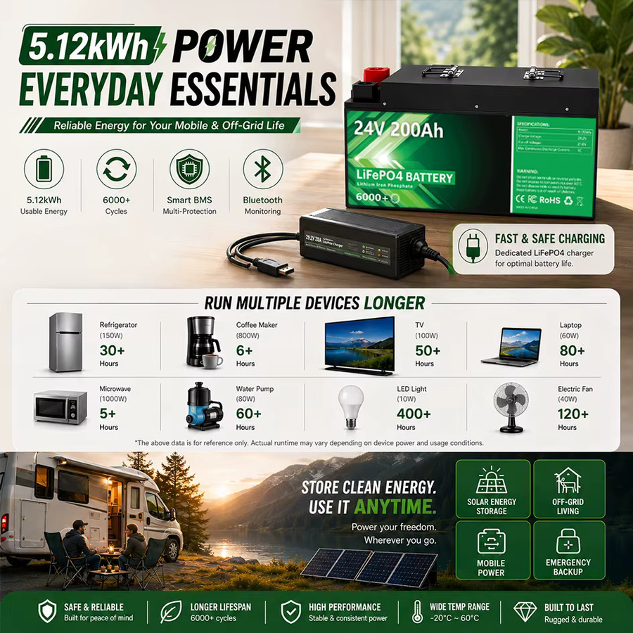 PAPOOL LiFePO4 Batterie 24V 200Ah 5,12 kWh mit Bluetooth Smart BMS in Schwarz für Wohnmobile, Solaranlagen, Marine und Off-Grid-Energiespeicher - Bild 2