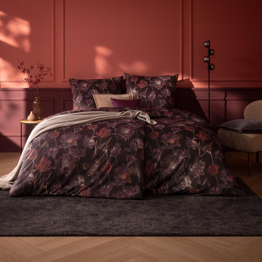 Estella Mako Jersey Bettwäsche Zoe vino mit Blumenmuster, Farbe: Multicolour/Lila, B/H: 155 x 220 cm und Kissenbezug 80 x 80 cm - Bild 1