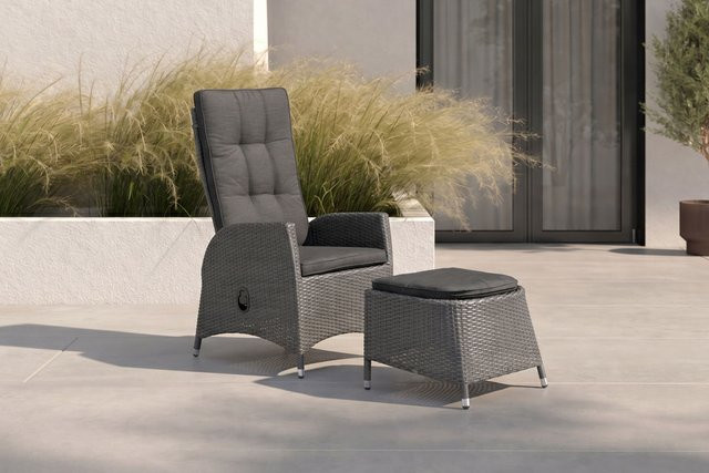 OUTFLEXX Rocking Dining Sessel aus Polyrattan mit Fußhocker und Kissen, grau/braun-meliert, verstellbar mit Gasdruckfeder - Bild 1