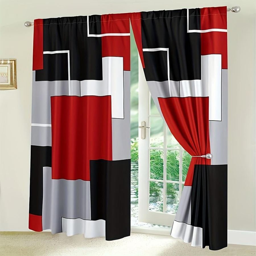 2er-Set halbtransparente Vorhänge mit Karomuster von Household supplies MH in Rot, Weiß, Grau und Schwarz, B: 150 cm, H: 166 cm - Bild 2