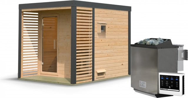 Saunahaus ARES 2 in Anthrazit mit 9.0 kW BioKombiofen und Steuergerät, B/T/H: 231 x 276 cm, Wandstärke 38 mm, naturbelassen - Bild 1