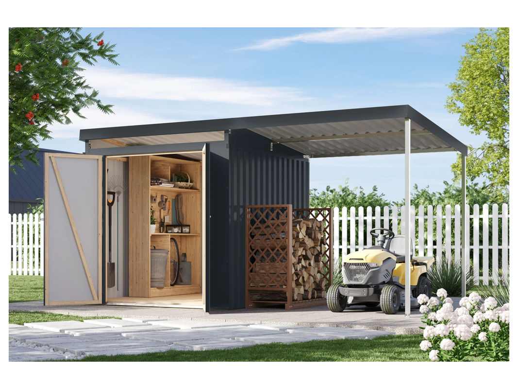KARIBU Gerätehaus Mantis mit Anbaudach in Anthrazit, B/T/H: 414 x 209 x 213 cm - Bild 2