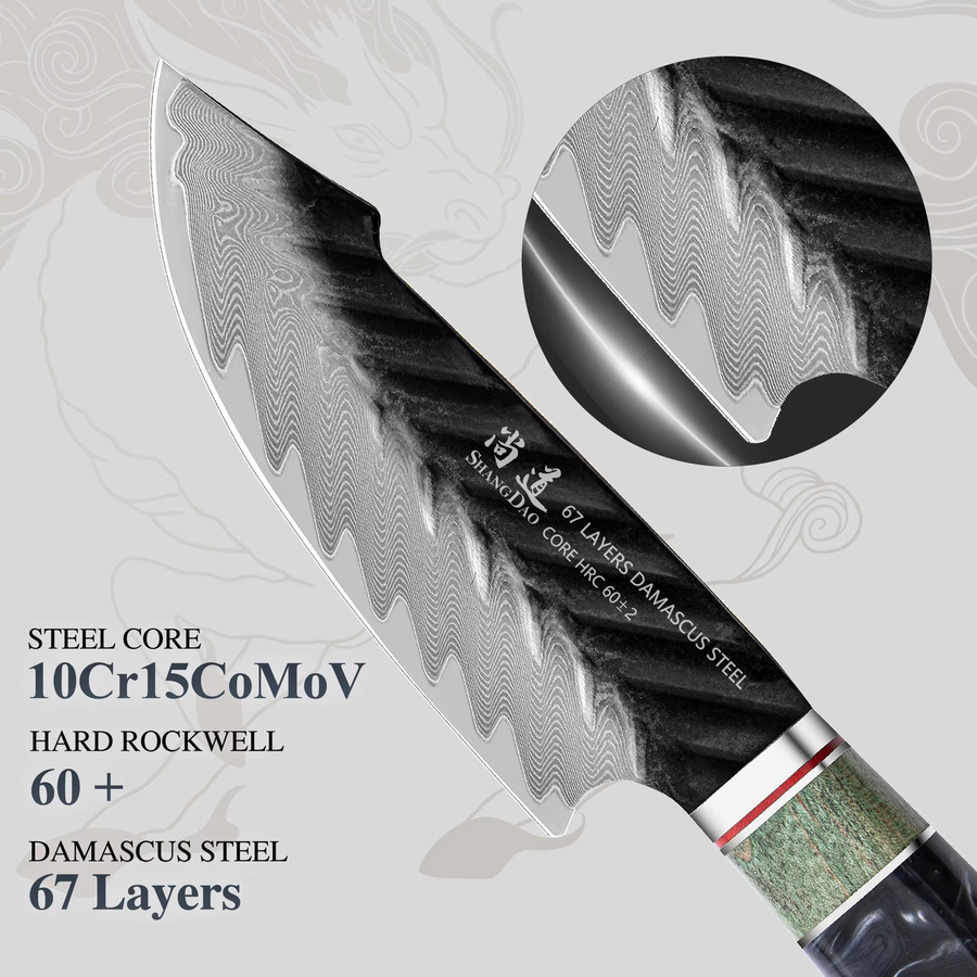 SHANGDAO Damast-Allzweckmesser mit handgeschmiedeter Klinge, Holzgriff und Lederscheide, Multicolour, Länge: 11,9 cm - Bild 2