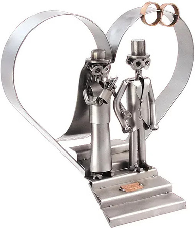 Hinz und Kunst Schraubenmännchen Paar mit Hochzeitsherz aus Metall in Silber, Tischdeko für Hochzeit, Geburtstag oder Jubiläum