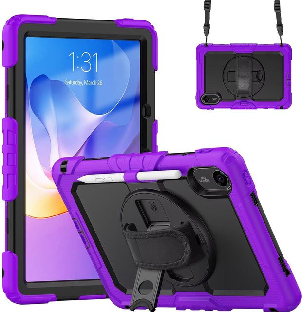 Multifunktions-Schutzhülle für Xiaomi Redmi Pad SE 11 mit 360 Grad Drehung, Hand- und Schultergurt, 3-lagiger Schutz, violett - Bild 1