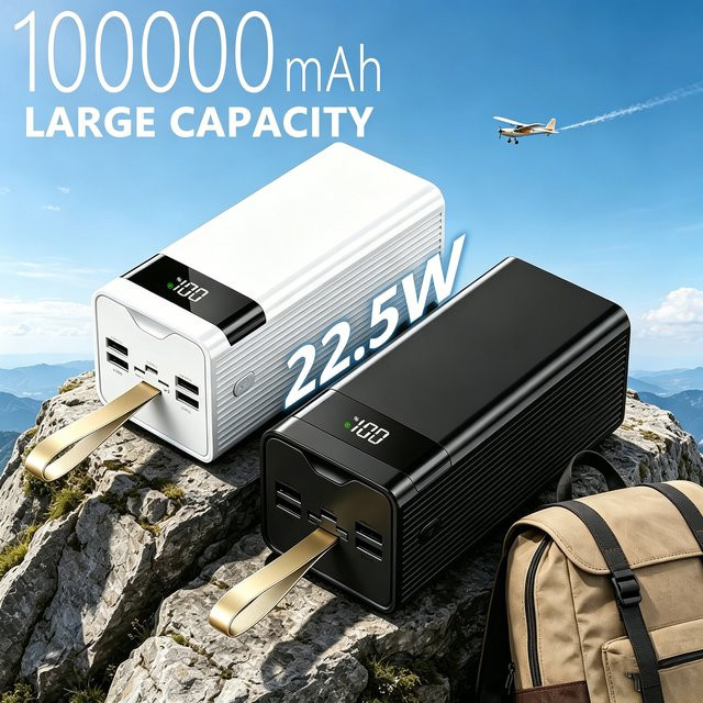 InTessry Powerbank 100000mAh mit 66W bidirektionalem Schnellladen, weiß, mit LED-Digital-Leistungsanzeige und Lanyard-Design - Bild 1